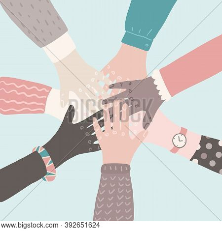 People Putting Their Hands Together. Teamwork Support Partnership Concept. Social Movement Flat Cart
