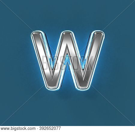 Steel Brassy Alphabet With White Outline And Blue Noisy Backlight - Letter W Isolated On Blue, 3d Il