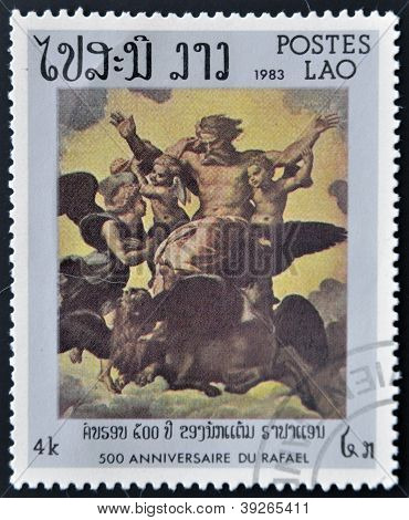 Лаос - около 1983: Марку, напечатанную в Лаосе показывает картина «Видение Иезекииля» Рафаэля 500