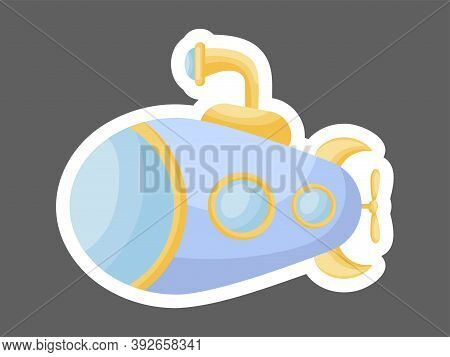 Cartoon Blue Submarine With Periscope For Design Of Notebook, Cards, Invitation. Cute Sticker Templa