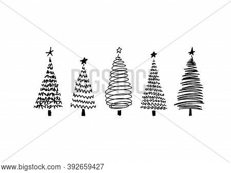 Vector Sketch Set Of Hand Drawn Christmas Trees Silhouette Isolated On White Background. Collection 