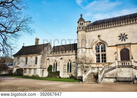 Lacock, England - March 01 2020: Exterior Shot Of The Front Main Entrance Of Lacock Abbey