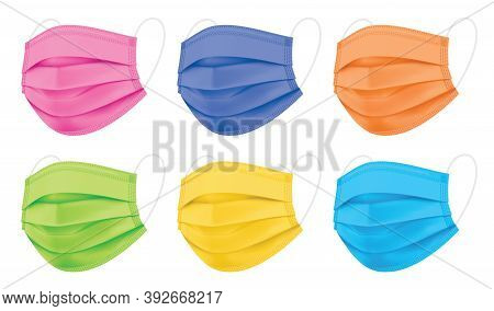 Set Of Colorful Vector Face Masks. Coronavirus Protection 3 Ply Medical Mask In A Side View, Isolate