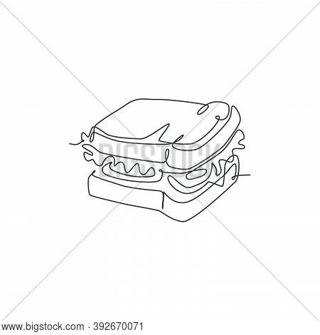 One Single Line Drawing Of Fresh Sandwich Logo Vector Graphic Art Illustration. Hot Dog Fast Food Ca