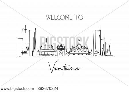 Single Continuous Line Drawing Vientiane City Skyline, Laos. Famous City Scraper Landscape Postcard.