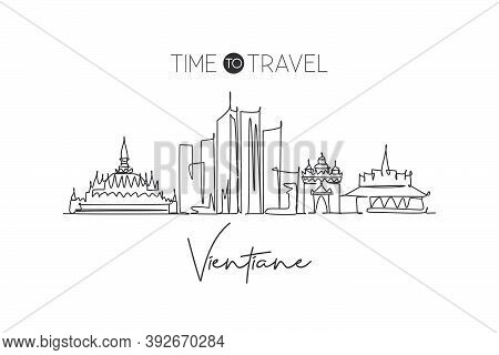 One Single Line Drawing Vientiane City Skyline, Laos. World Historical Town Landscape Postcard. Best