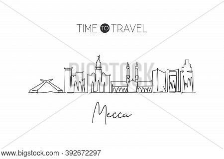 Single Continuous Line Drawing Of Mecca Holy City Skyline, Saudi Arabia. Famous City Scraper Landsca