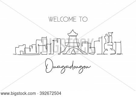 Single Continuous Line Drawing Of Ouagadougou City Skyline, Burkina Faso. Famous City Scraper And La