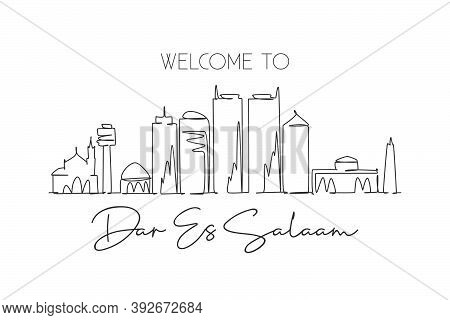 One Continuous Line Drawing Of Dar Es Salaam Skyline, Tanzania. Beautiful City Landmark. World Lands