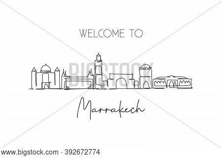 Single Continuous Line Drawing Of Marrakech City Skyline, Morocco. Famous City Scraper And Landscape