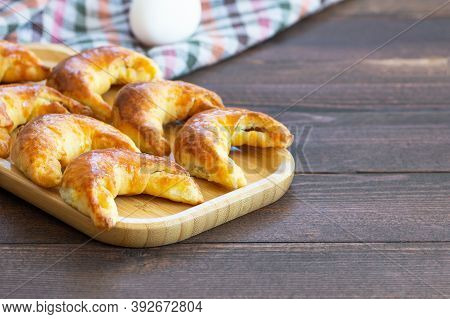 Homemade Salty Moon Bun On Wooden Table, Croissant, Cookies Potato And Meat, Turkish Pastry, Ay Core