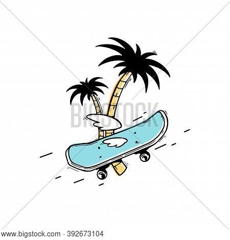 Skateboard With The Wings And Palm Tree