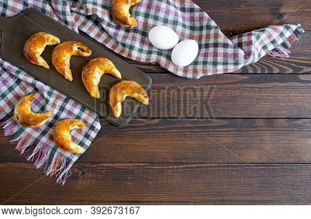 Homemade Salty Moon Bun On Wooden Table, Croissant, Cookies Potato And Meat, Turkish Pastry, Ay Core