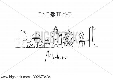 One Continuous Line Drawing Medan City Skyline Indonesia. Beautiful City Landmark Home Decor Wall Ar