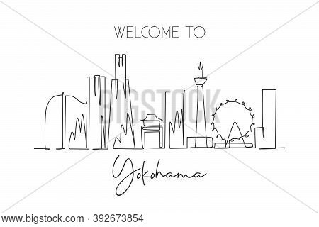 One Continuous Line Drawing Of Yokohama City Skyline, Japan. Beautiful Landmark. World Landscape Tou