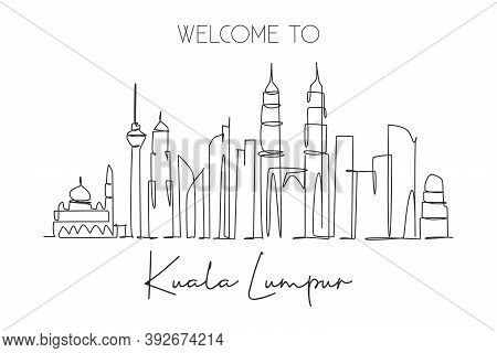 One Single Line Drawing Of Kuala Lumpur City Skyline, Malaysia. Historical Town Landscape In The Wor