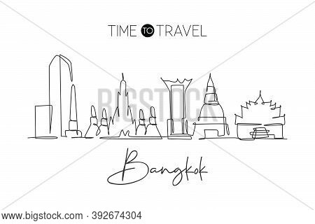 One Single Line Drawing Of Bangkok City Skyline, Thailand. Historical Town Landscape. Best Holiday D