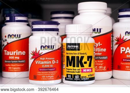 Tambov, Russian Federation - Ocrober 28, 2020 Bottle Of Vitamin D3 By Now And Bottle Of Mk-7 (vitami