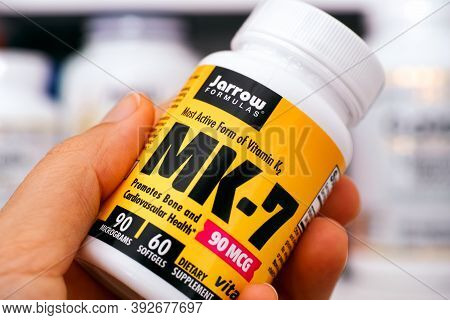 Tambov, Russian Federation - Ocrober 28, 2020 Bottle Of Vitamin K2 (mk-7) By Jarrow Formulas In Woma