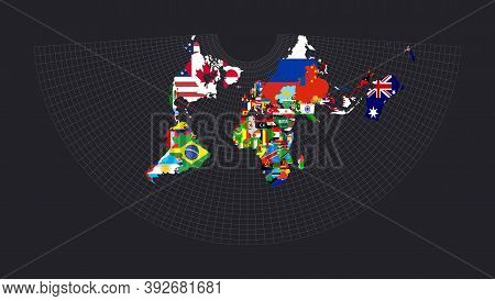 Worldmapwith Flags Of Each Country. Conic Equidistant Projection. Map Of The World With Meridians On