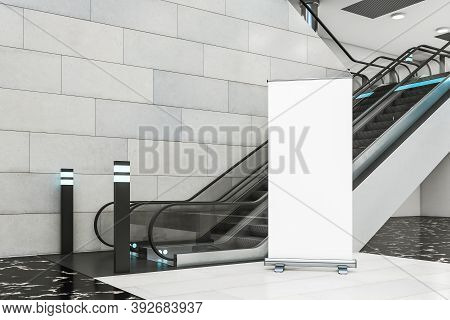 Escalator With Empty Ertical Poster In Shopping Center. Urban And Shopping Concept. Mock Up, 3d Rend