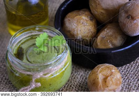 Typical Canary Islands Sauce, Mojo Verde, Made Of Parsley, Garlic, Sal And  The Cumin, Is Usually Ea