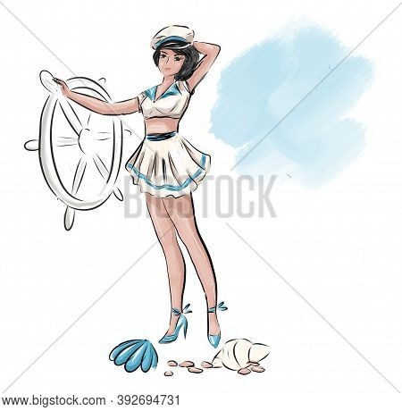 Navy Woman. Female In Retro Style Capitain Costume. Vintage Girl In Sailor Suit Hold Sheep Steering 