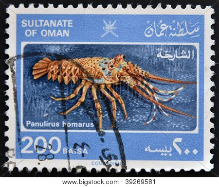SULTANLIĞI Umman - 1980 yaklaşık: Bir damga Umman programlarında bir panulirus homarus circa 1980 baskılı