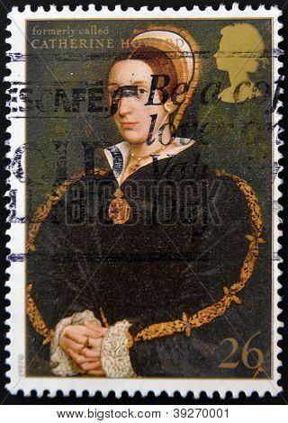 Regno Unito - CIRCA 1997: Un francobollo stampato in Gran Bretagna Mostra moglie Catherine Howard di Enrico V