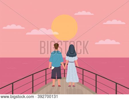 Couple And Sunset. Happy Young Man And Woman On Date Watch Sun On Ship, Pair Back View Look Horizon,