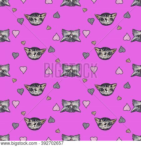 Pattern Of Gray Cats And Hearts On A Pink Background, The Heads Of Cats