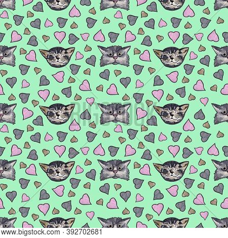 Pattern Of Gray Cats And Hearts On A Blue Background, The Heads Of Cats