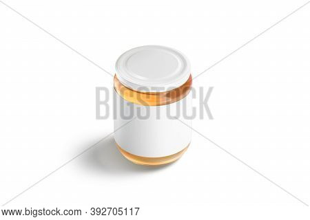 Blank Glass Jar With White Label And Honey Mockup, Isolated, 3d Rendering. Empty Conservation Glassw