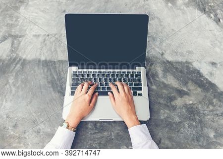 Top View Hand Woman Working On Laptop Backboard Background.