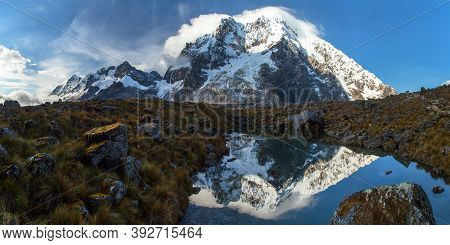 Evening View Of Mount Salkantay Mirroring In Lake, Salkantay Trek In The Way To Machu Picchu, Cuzco 
