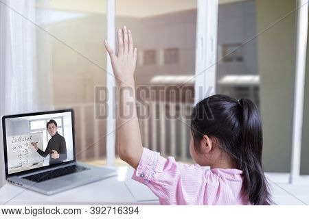 Asian Little Girl Student Learning Via Internet Online Class From School Teacher Duling Covid-19 Out