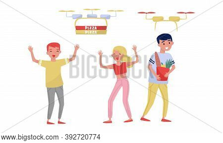 People Characters Receiving Pizza And Market Food Delivery By Air Vector Illustration Set