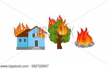 Flaming And Burning Objects With House And Tree On Fire Vector Set