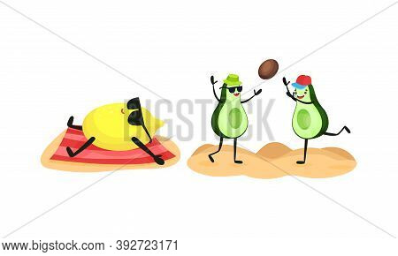 Funny Fruits Sunbathing And Playing Volleyball On Beach Vector Set