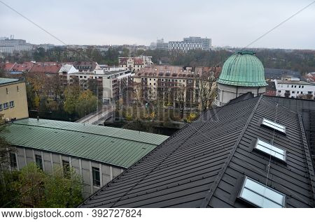 Aerial View Landscape Cityscape Of Munich City With Roof Dome Of Des Deutsches Museum Bibliothek Lib