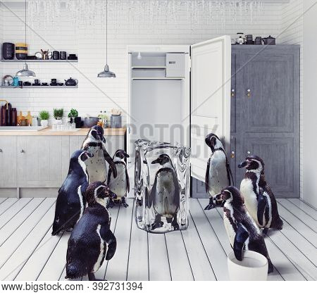 the group of the penguins find  frosen one in the fridge. Photo and 3d mix creative concept