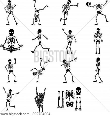 Set Of Funny Skeletons Silhouette Vector. Halloween