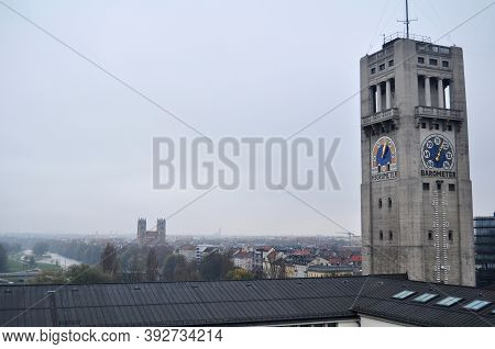 Aerial View Landscape Cityscape Of Munich City With Clock Tower Of Des Deutsches Museum Bibliothek L