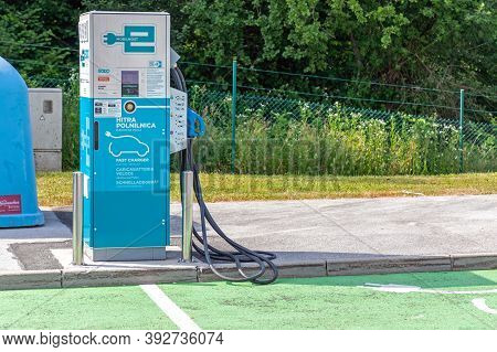 Otocec, Slovenia - June 12, 2019: Fast Charger For Electric Vehicles At Petrol Station Near Otocec, 