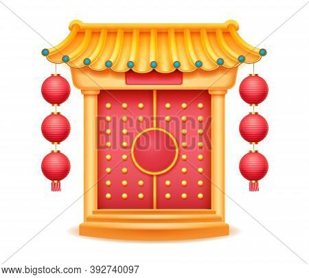 Temple With Bamboo Roof, Closed Gate With Carpet On Steps Isolated. Vector Chinese Style Building, P