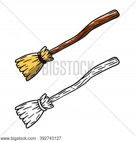 Broom. Set Of Sweeping And Old Wooden Mop In Wooden Handle. Element Of Witch. Cartoon And Doodle Ske