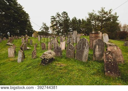 Miory, Belarus- December 8, 2015. Old Ancient Jewish Cemetery Historical Place. Mystical Atmosphere,