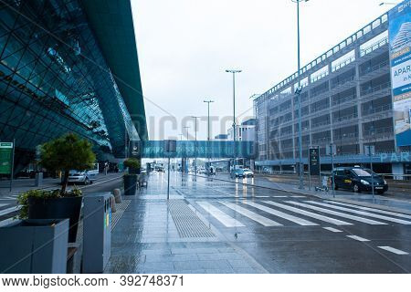 Exterior Of The Airport Terminal In Krakow. A Modern Glass And Metal Building. Kraków, Poland - 05.1
