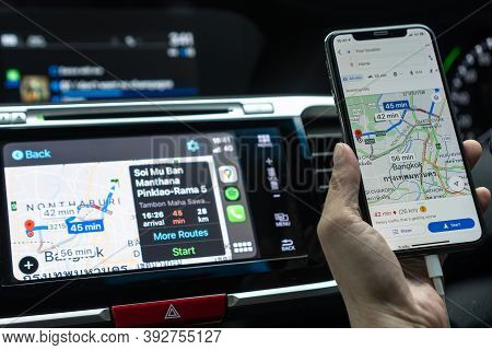 Bangkok, Thailand-27 October, 2020: Google Maps App With Apple Carplay On Car Screen Dashboard And I
