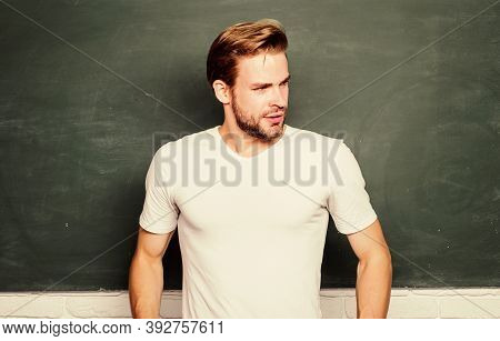 Man Teacher In Front Of Chalkboard. Teaching Could Be More Fun. Advantages For Male Elementary Teach